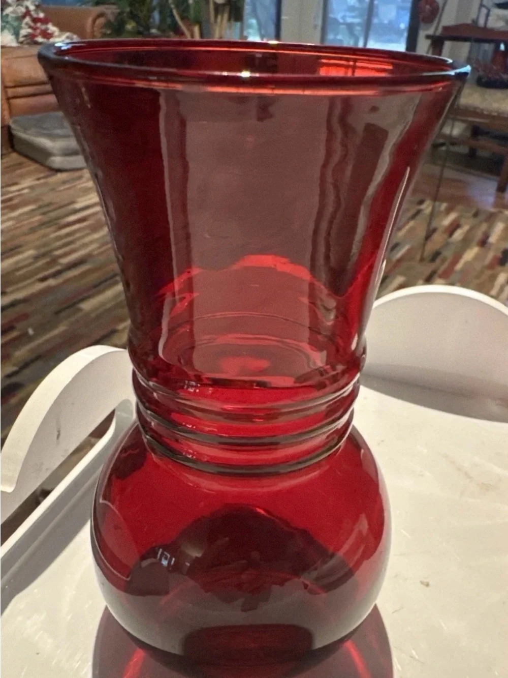 Vtg Ruby Red Anchor Hocking Ribbed Glass Vase 6.5” & Jeanette Fading Yellow/red